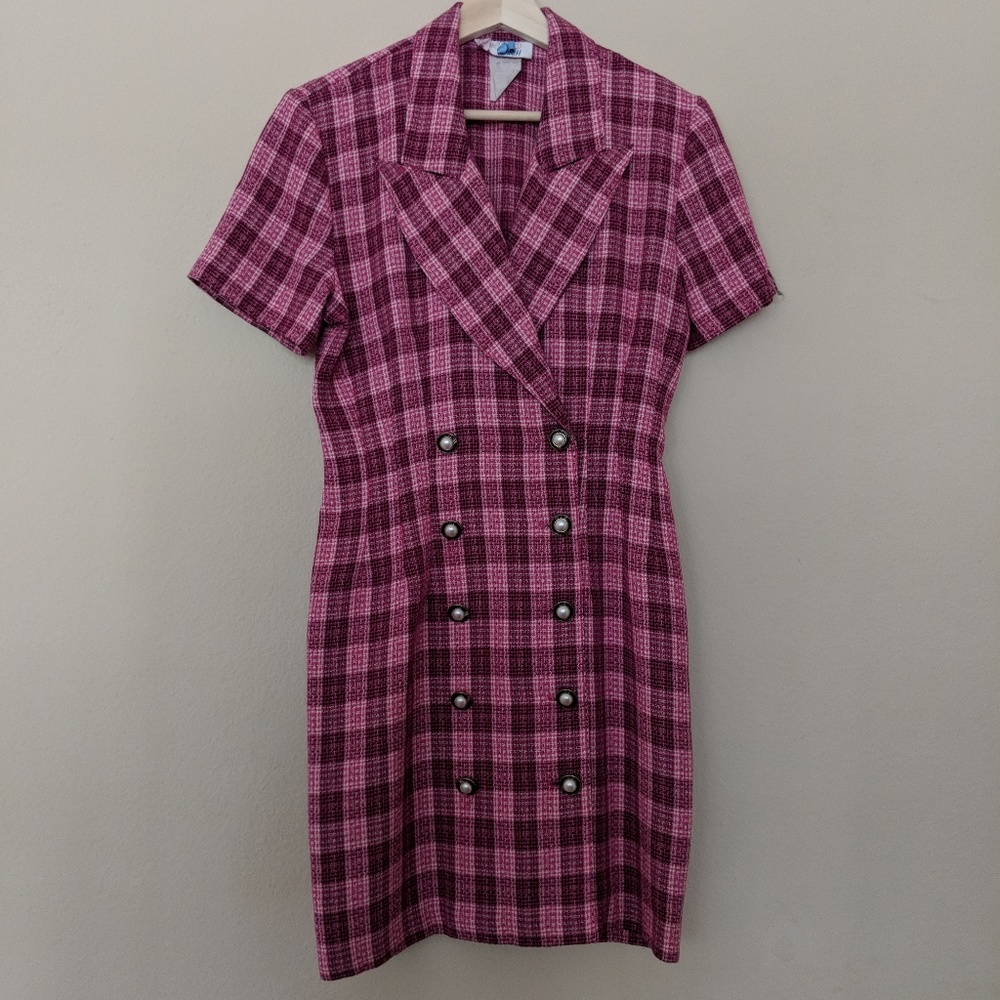 80s pink plaid shirt dress, vintage